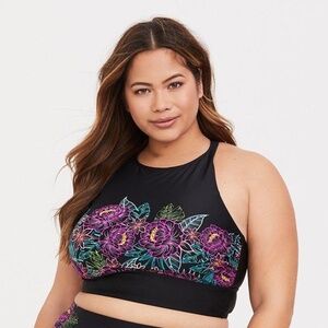 Torrid High-Neck Criss-Cross Back Swim Top Size 0 Black Floral Graphic